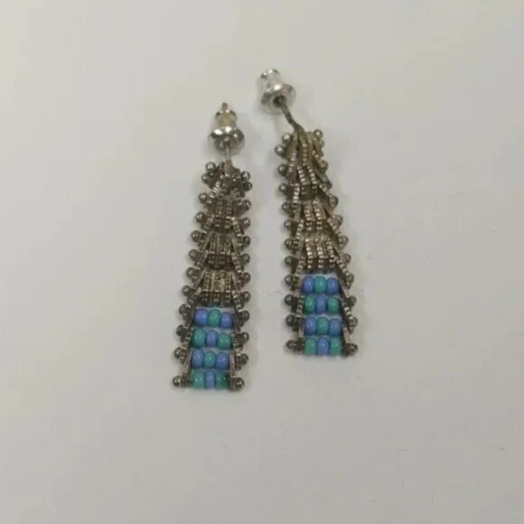 Vintage Silver and Turquoise Bead Hinged Post Earrings - Picture 2 of 2